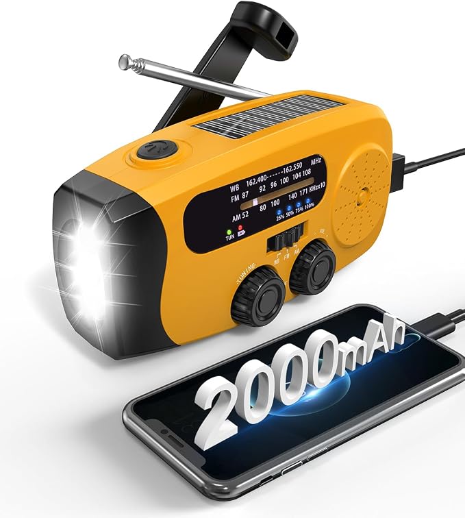 Hand Crank Radio with AM/FM/NOAA Weather Bands,for Emergencies, Camping | 3 LED Flashlights,SOS Function,Solar Powered,Hand Cranked, 2000mAh/7400mWh Charger,for Power Outage - Orange