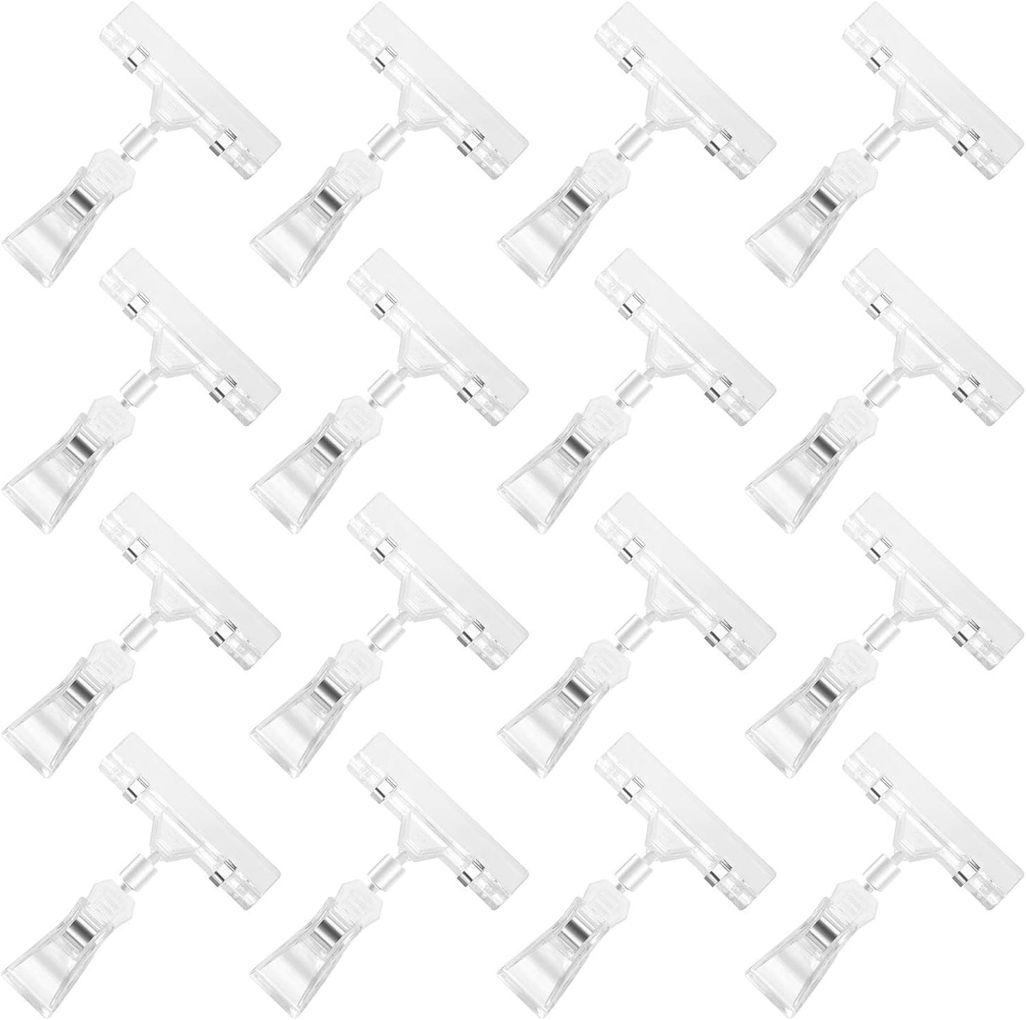 Mlici 16 Pieces Clear Sign Clips, Plastic Merchandise Rotatable Pop Clip Sign Holder Stand, Swivel Clips Clothing Rack Signs, Double Display Clips for Retail, Baskets, Cards
