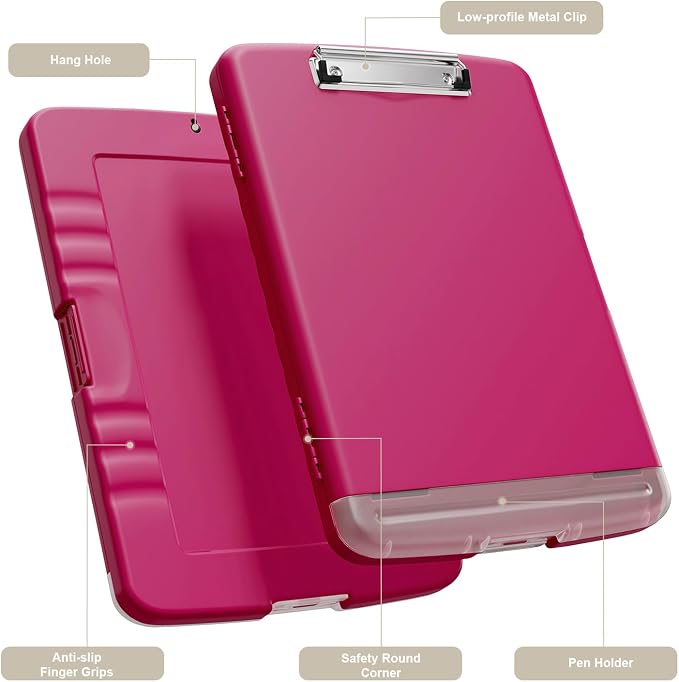 Piasoenc Clipboard with Storage, 8.5 x 11 Clip Board with Pen Holder, Red | High Capacity, Heavy Duty Plastic Organization Box for A4 Legal Paper Folder, Folio & Side-Opening Nurses, Teachers, Student