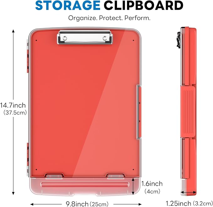 Clipboard with Storage and Pen Holder, Red 8.5 x 11'' Folder Side Open, Heavy Duty with Dual Compartment, Clear Dry Erase for Coach, Size 14.5 x 9.8 x 1.5'', Office & School Supply