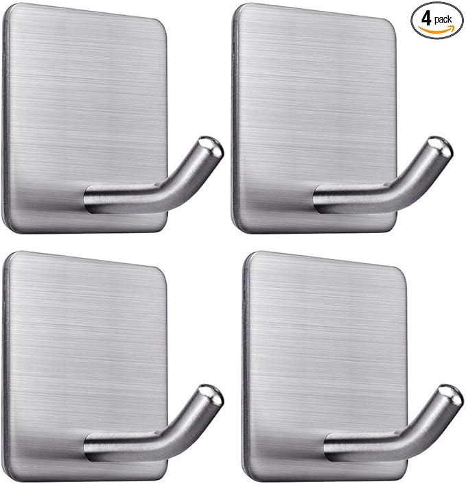 FOTYRIG Heavy Duty Adhesive Towel Hooks Stick on Towel Hanger Wall Holder Waterproof Stainless Steel Sticky Hooks for Hanging Bathroom Kitchen Home-4 Packs