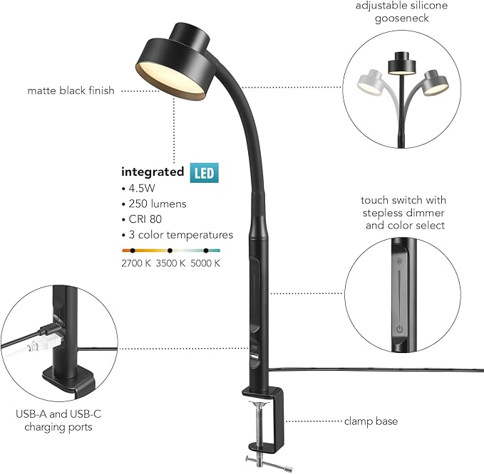 Globe Electric 15" LED Integrated Matte Black Clamp Desk Lamp with Adjustable Silicone Gooseneck