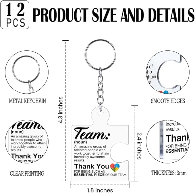 Team Appreciation Gifts Bulk Thank You Keychains for Coworkers | Gift Set for Employee, Staff, Teachers, Teamwork Puzzle Piece Keyring, Acrylic
