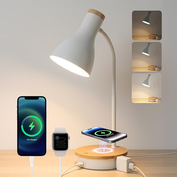 LALISU Desk Lamp for Home Office, 10W Wireless Charger Desk Light with USB C+AC Charging Ports,3 Ways Dimming Reading Light, Touch Table Lamp for College Dorm Room (White-Fast Charging (10W))