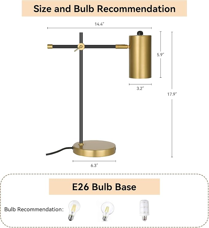 Modern Black and Gold Desk Lamp with Type C Charging Port, Minimalist Industrial Table Lamp with Swing Arm, for Study Room Home Office Bedroom Bedside Nightstand