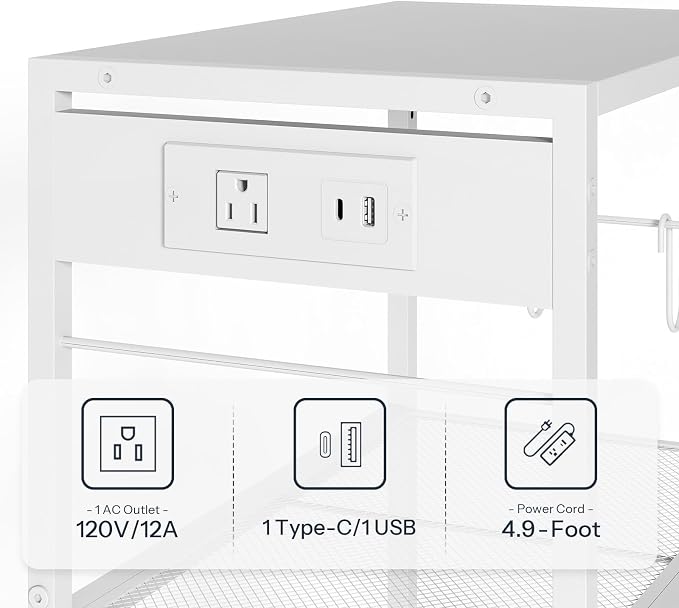 HOOBRO Industrial Printer Stand, 3-Tier Mobile Printer Table, Rolling Cart with Power Outlets and USB Ports, Home Printer Stand with 2 Hooks, for Office, Living Room, White WW22UPS01