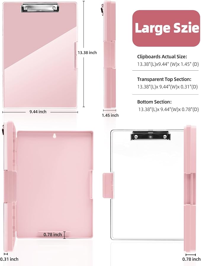 Clearview Clipboard with 2 Storage, Dry Erase 8.5x11 Heavy Duty ClipBoards - High Capacity Coaches Clip Board with Pen Holder - Side Opening Plastic Nursing Clip Case (Pale Pink)