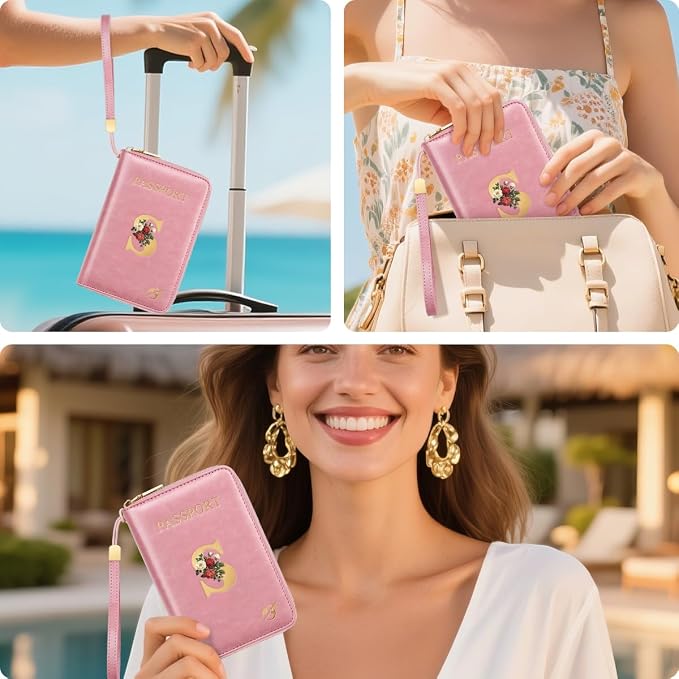 Passport Holder for Travel Personalized Wallet with Wristlet Women | All-in-One Passport Cover, RFID Blocking, Back Coin Pocket, Paper Money Slot, Zipper Closure, Roses Initial Letter, Pink S