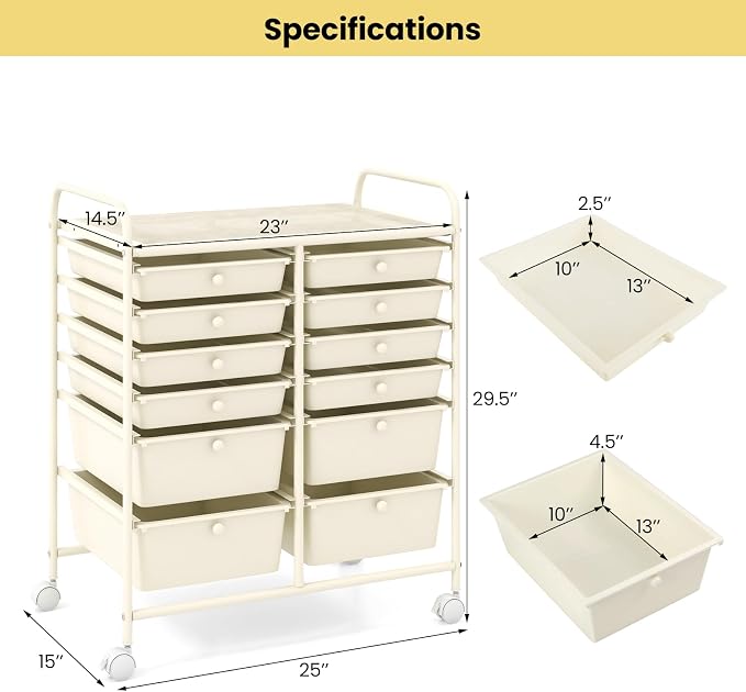 BECOMFORT 12-Drawer Rolling Cart with Drawers, Storage Cart on Wheels, Teacher Classroom Organizers with Metal Frame, Mobile Craft Cart, Trolley Utility Cart for School Office Play Room