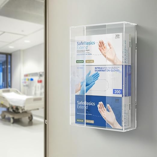 Acrylic Glove Dispenser Wall Mount, Clear Plastic Glove Rack Floating Triple Gloves Box Holder 16.1'' X 10.2'' X 3.8'', Capacity Of 3 Glove Boxes