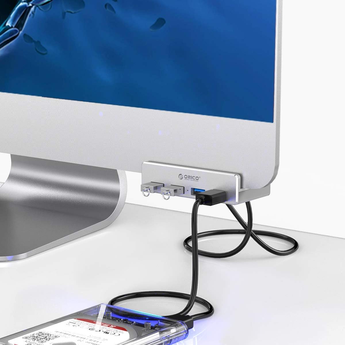ORICO USB 3.0 Hub, USB Hub Clamp, Aluminum 4-Port USB Splitter with 4.92 FT USB Data Cable, Desktop Powered USB Hub for Monitors/Desks-Silver (Without Power Adapter)