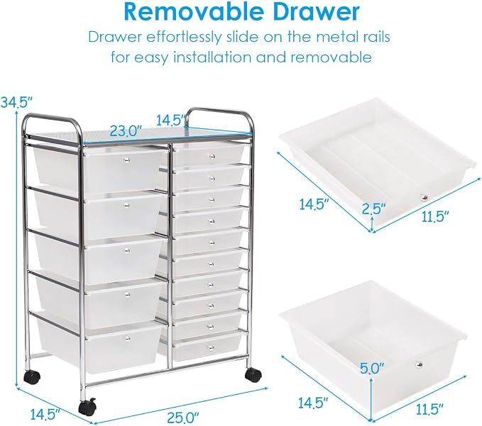 RELAX4LIFE 15-Drawer Rolling Storage Drawer Cart Organizer | 34.5"H Chrome Frame, Semi-Transparent Clear Drawers Rolling Wheels; School Office Home Salon Multipurpose Utility Storage