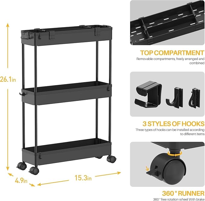 2-piece Set Slim Storage Cart 3 Tier,Bathroom Organizer Rolling Utility,Mobile Shelving Unit Slide Out for Office, Kitchen, Laundry Room & Narrow Places