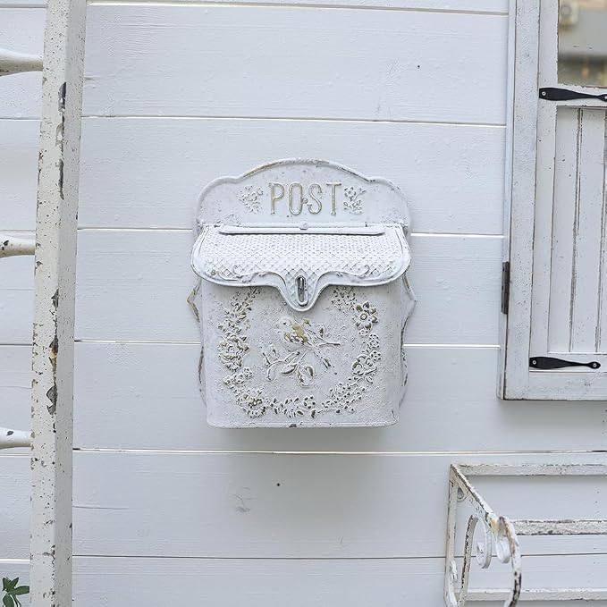 Wall Mount Mailboxes for Outside Vintage Mail Boxes for House Outside Metal Door Mailbox Drop Box Antique Style Nostalgic Charm Home Decorative, White Gray