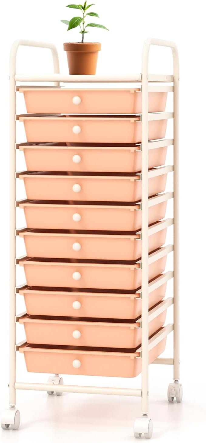 Storage Cart, Rolling Utility Cart with 10 Drawers, Portable Handles & Lockable Wheels, Mobile Paper Toys Storage Organizer Large Capacity for Home Office School Teacher (Peach)
