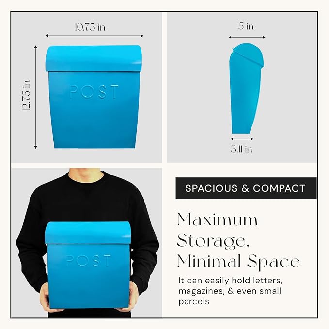 NACH Wall Mount Mailboxes for Outside, 12.75 x 10.75 x 5 inches, Blue Mailboxes for Outside Wall Mount, Waterproof - The Sylvia Mailbox