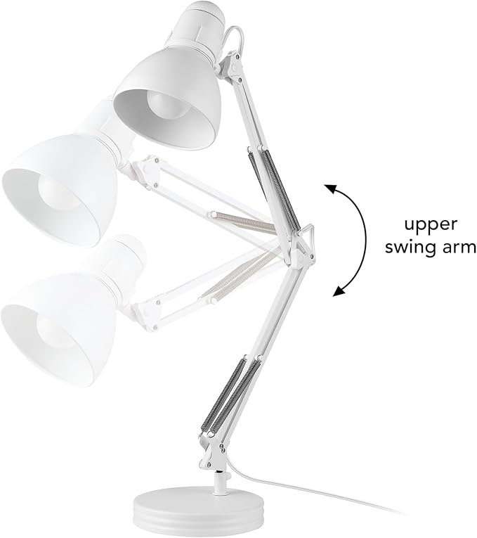 Globe Electric 52024 28" Swing Arm Architect Desk Lamp, Matte White, Rotary Switch on Shade, Partially Adjustable Arm, Modern Lighting for Bedroom or Office, Timeless, Indoor Lights
