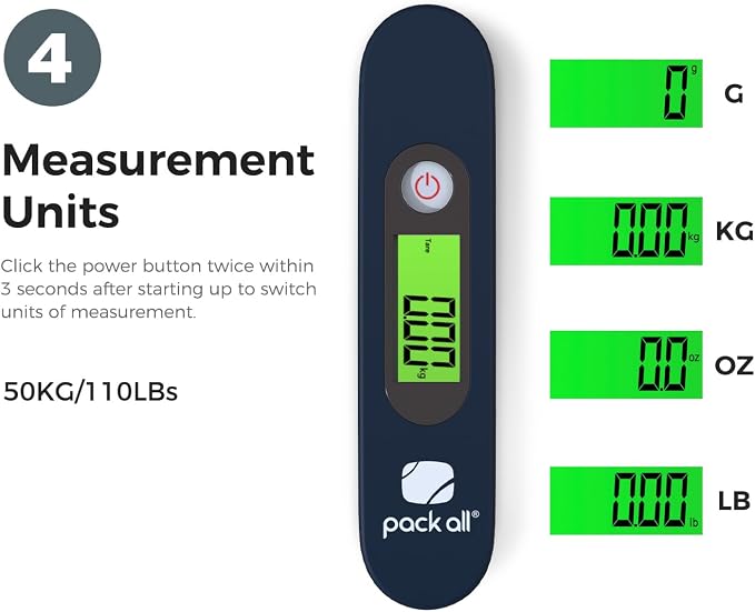 pack all Digital Luggage Scale for Travel, 110Lbs Capacity, 0.1Lb Precision | Handheld, Backlit LCD Display, Lb/Kg/Oz/g Conversion, Tare Function, Battery Included, Blue