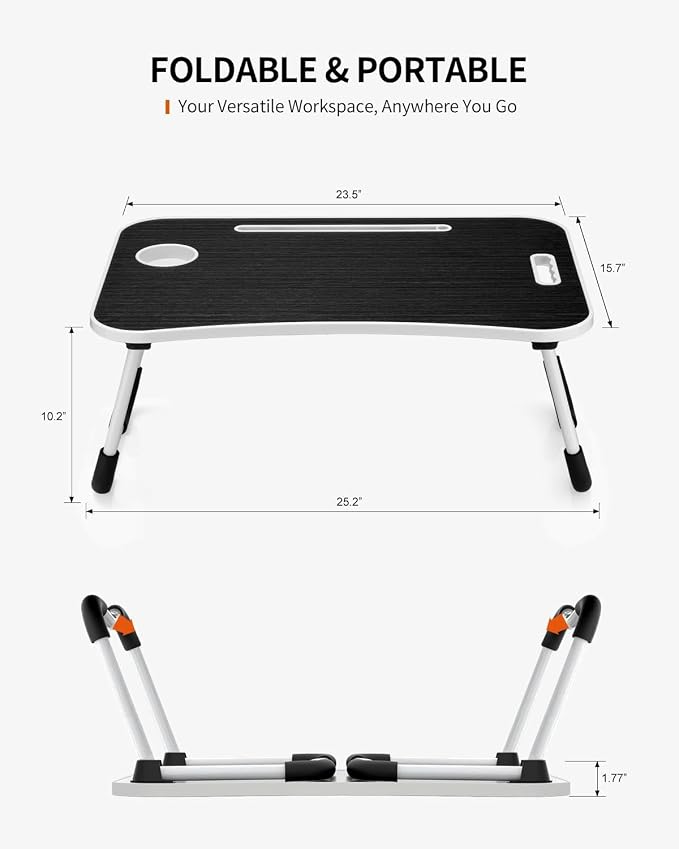 FISYOD Foldable Laptop Table, Portable Lap Desk Bed Table Tray, Laptop Stand with Cup Holder & Tablet Slot & Lifting Handle for Working Writing Drawing & Eating (Black Grain)