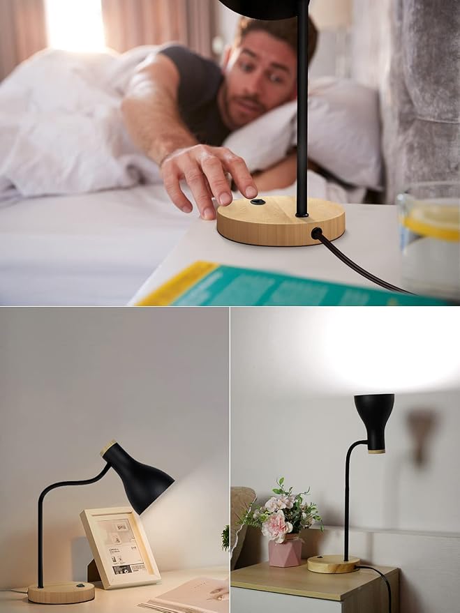 LALISU Metal Desk Lamp Table Lamp Reading Lights Arc Desk Lamps for Bedroom, Wood Base Bedside Lamp with Flexible Gooseneck for Study Room and Office (Wood Base+Black)