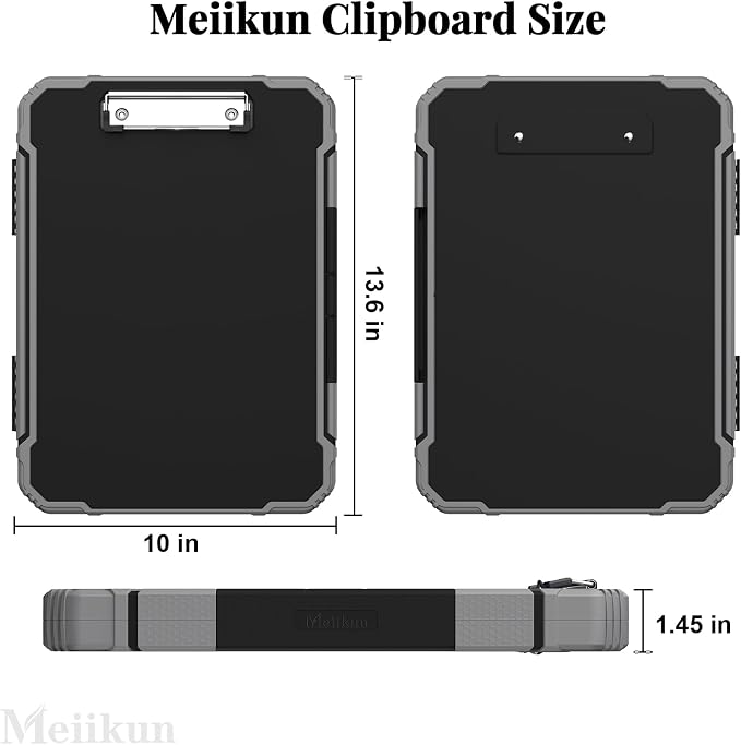 Meiikun Clipboard with Storage, Rugged Shockproof Protective, Internal Pen Pouch & Metal Clip, Heavy Duty Plastic Clip Boards 8.5x11, High Capacity Contractor Folder for School Office (Black)