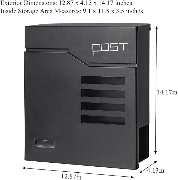 Jssmst Locking Mailbox Wall Mount- Waterproof mailboxes with Secure Key Lock and Newspaper Compartment, Key Lock Drop Box Extra Large Capacity, 12.9 x 4.1 x 14.2 Inch, SM-HPB938 Black New