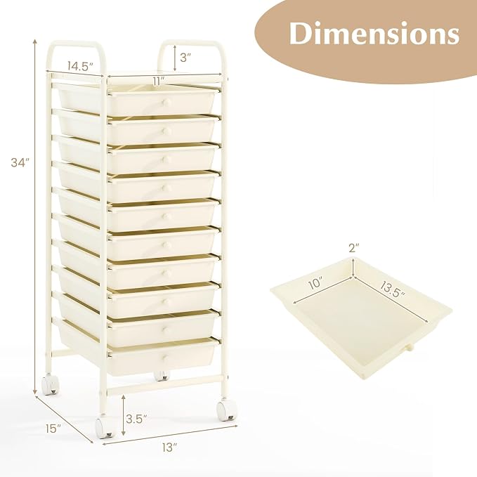 COSTWAY 10-Drawer Rolling Storage Cart, Utility Mobile Trolley | Removable Drawers & Universal Casters & 2 Brakes, Versatile Flexible Drawer Organizer Cart for Home, Office (White)