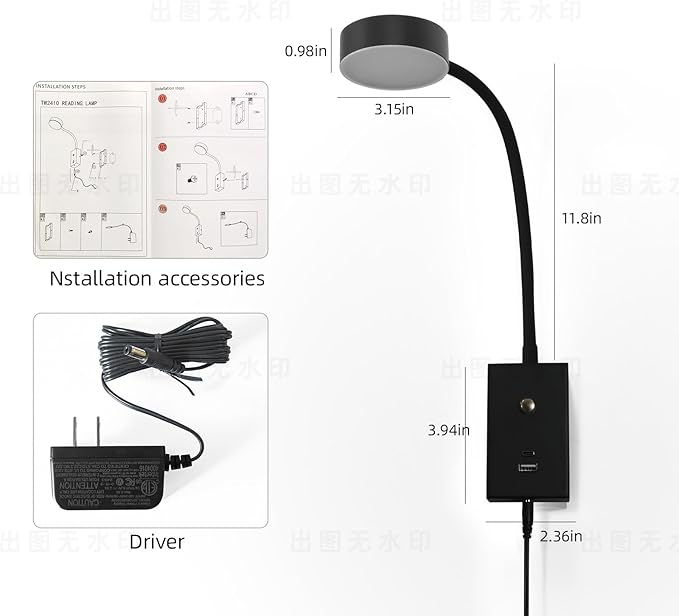 LED Wall Mounted Reading Light for Bed, Flexible Gooseneck Book Light for Wall Bedside Lamp with USB-A/C Output,Touch Control 5 Dimmable Headboard Bed Lights
