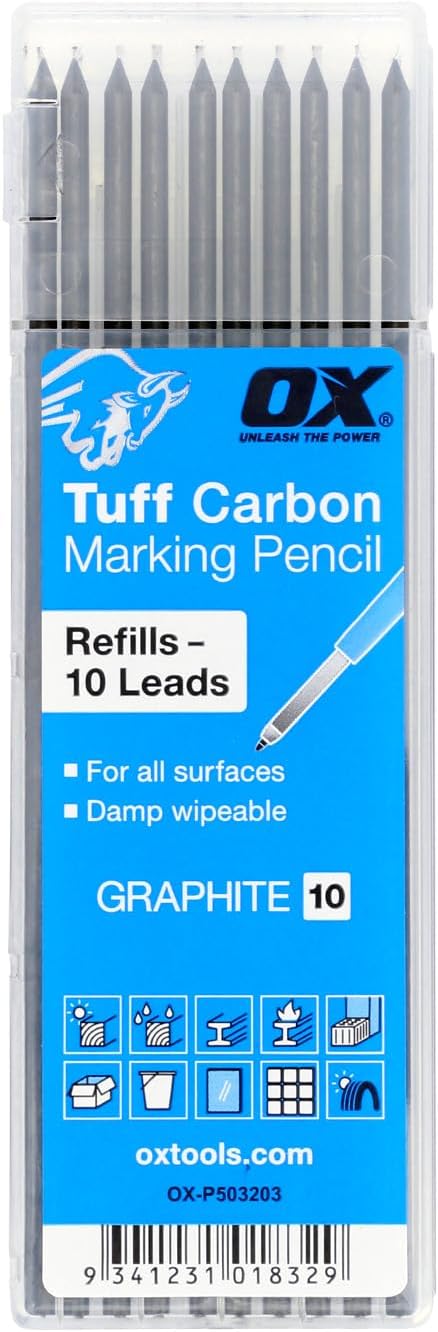 OX Tuff Carbon Marking Pencil Refills - 2.88mm 10 Pack | Break-resistant graphite lead, fits all 2.8mm carpenter pencils, deep-hole compatible, woodworking and construction use