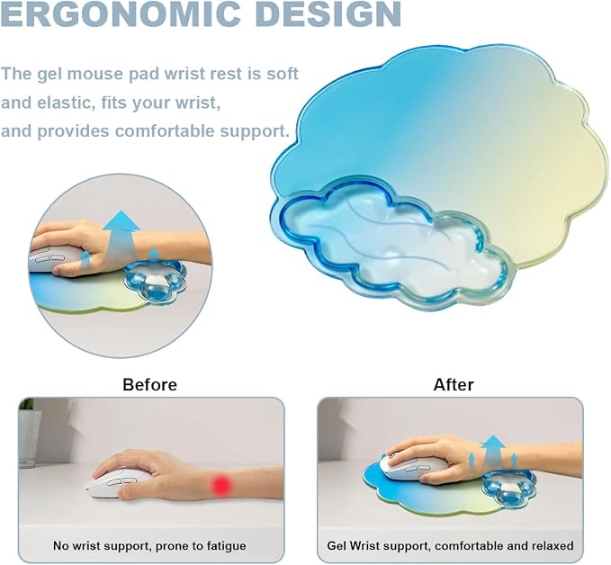 Keyboard Wrist Rest with Cloud Mouse Pad - Gradient Blue Ergonomic Gel Cloud Mouse Pad with Non-Slip Base, Cute Office Accessories for Desktop/Latop/Home/Office