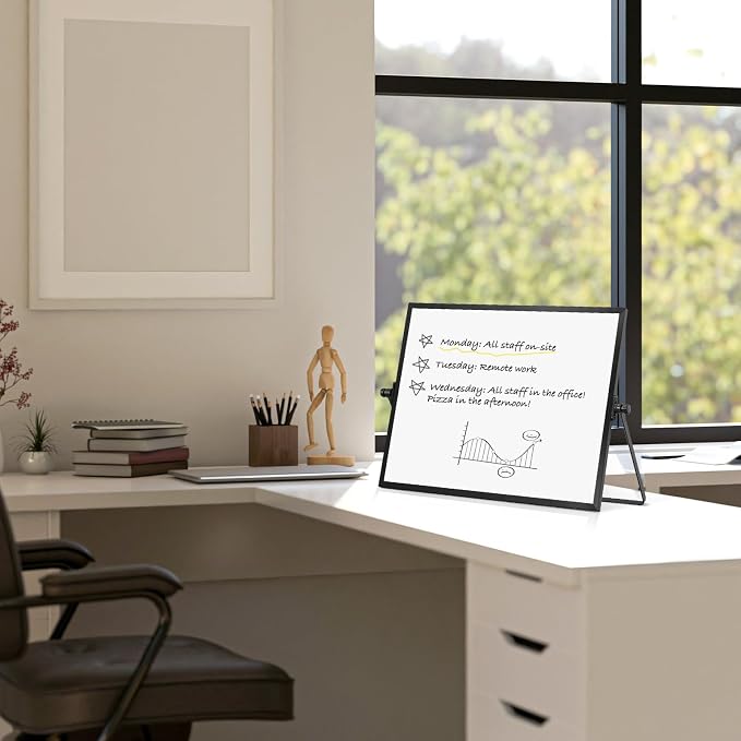 Double-Sided Magnetic White Board with Stand, 18" x 14" (Black) | Dry Erase Board with Stand, Desktop Whiteboard Easel , Portable Small White board dry erase for Drawing, Office, Home
