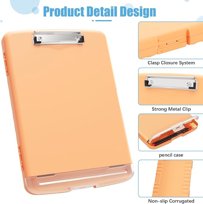 Hongri Clipboard with Storage with Pencil Case, 8.5 x 11 Storage Clip Board | High Capacity Organization Box for A4 Letter Legal Paper, Heavy Duty Folio & Side-Opening for Nurses, Teachers, Light Orange