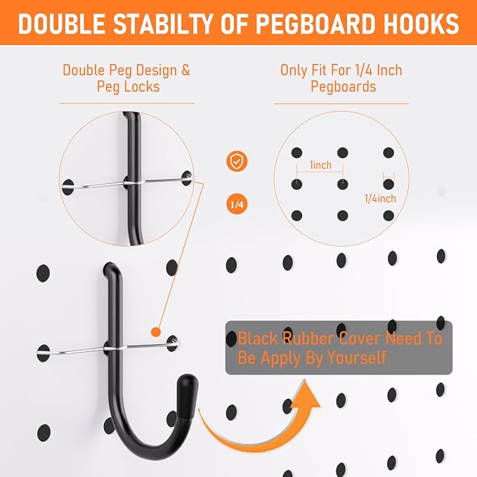 INCLY 176PCS Black Pegboard Hooks with Peg Locks, 1/4" Heavy Duty Metal | Peg Board Hooks Assortment, With Peg Locks, Pegboard Accessories Organizer Kit, For Garage Wall Organizer Hanging Tools