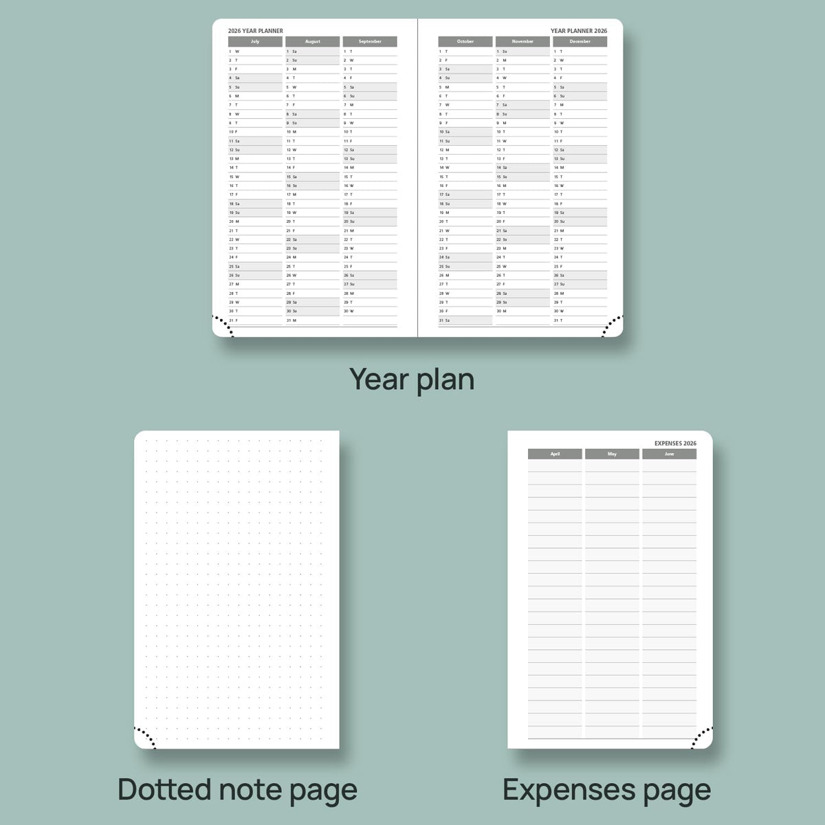 POPRUN Pocket Planner 2025-2026, (Purse Size 4''x 6.25'' Hard Cover) Academic Year Calendar Daily Weekly and Monthly (July 25-June 26) with Hourly Time Slots, 100 GSM Paper - Pacific Green