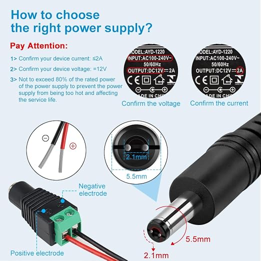12V Power Supply, 12 Volt 1A 12W DC Power Supply with On Off Switch, Black Switching LED Power Adapter, AC 110V to 12V Transformer Plug for LED Strip Lights with 5.5/2.1 DC Female Connector