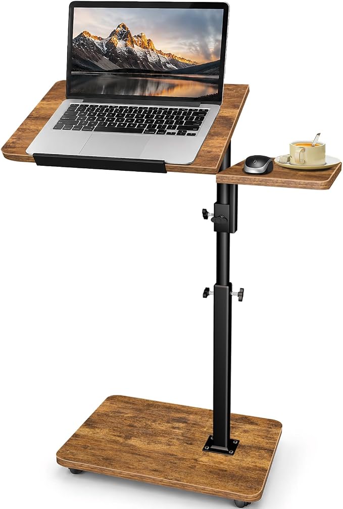 End Table Adjustable Height, 22.8"L Side Table Tv Tray with Wheels, 90° Tilting Panel Couch Table That Slides Under, Small End Table for Small Spaces, Overbed Bedside Desk Mobile Rolling Laptop Stand