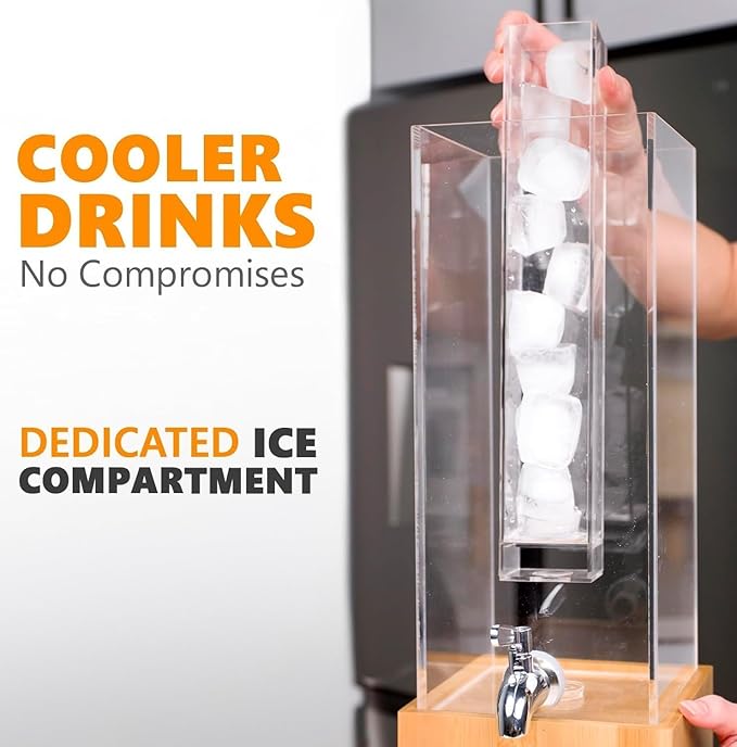 KSESTOR Acrylic Drink Dispenser - 1.25 Gal with Stand and Ice Core | BPA-Free Acrylic Beverage and Juice Dispenser with Bamboo Stand, Ice Core, and Steel Spigot for Parties, Weddings and Events