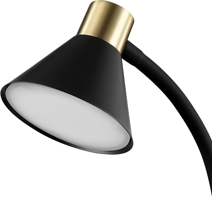Globe Electric 62000034 15" LED Integrated Desk Lamp, Matte Black, Brass Accent, Adjustable Gooseneck, Dimmable, 3 Color Temperature, 7.5W, 90 CRI, 400 Lumens, Reading Light, Dorm Room Essentials