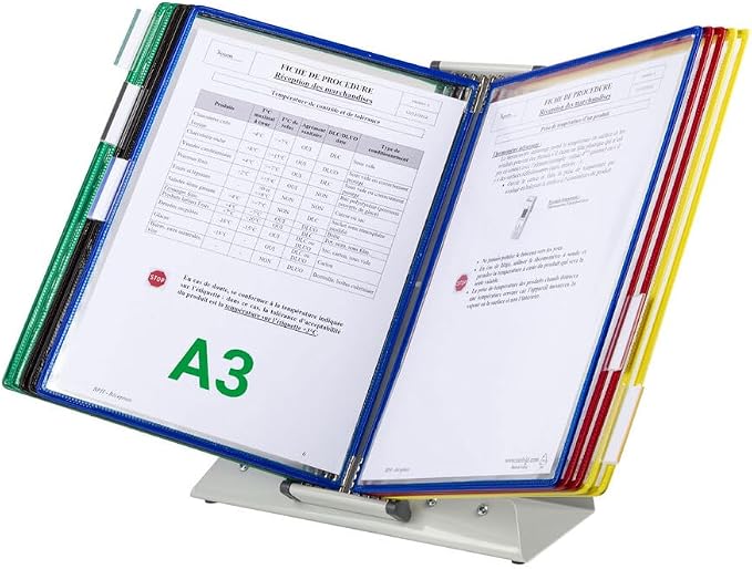 Tarifold Desktop Reference Display System, 10 Pockets, A3 Size, Assorted | 10 double-sided PVC pockets hold 20 sheets, A3-size documents, sturdy metal base, easy to assemble