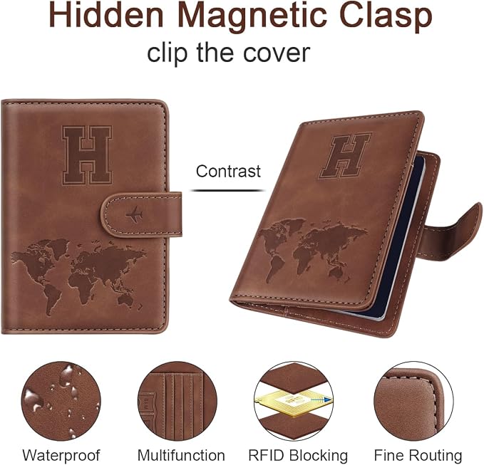 Passport Holder Wallet Cover Personalized Initial Travel Essentials | Embossed Letter A-Z Design, Travel Wallets, RFID Blocking, Passport Book Holders, Women Men, Personalized Gifts, Brown-H