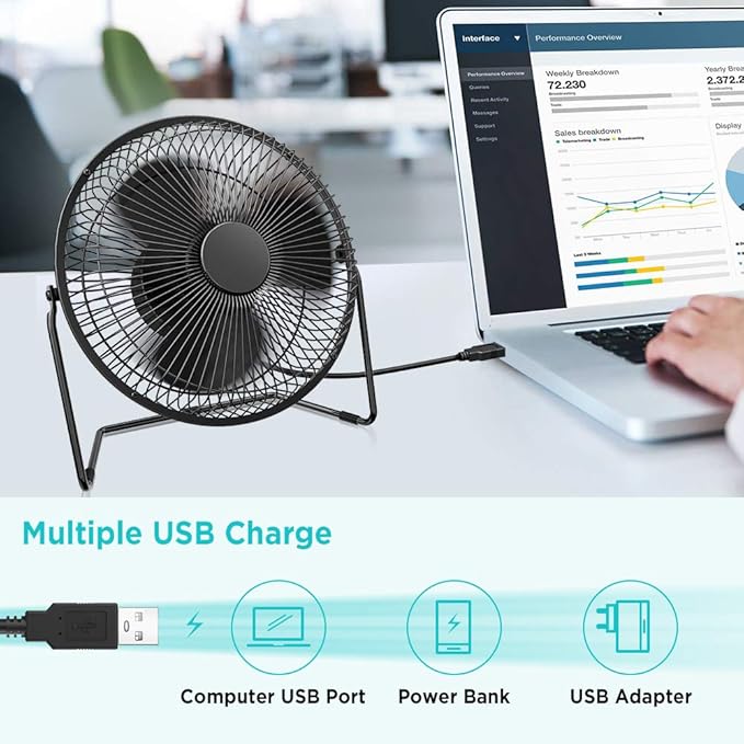 EasyAcc 9 Inch USB Desk Fan Ultra-quiet USB Powered 360° Rotation Desktop Fan with Metal Frame, Portable Personal Cooling Fan with 2 Speed for Home Office (USB POWERED ONLY)