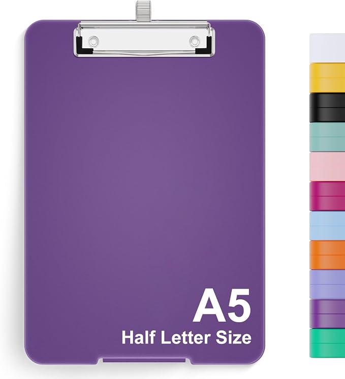 Hongri A5 Clipboard with Storage, Metal Retractable Pen Holder, Dark Purple | 6 x 9'' Nursing Plastic Foldable Clip Board, Size 9.4 x 6.1 x 0.9 in, Menu Box for Work, Office & School Supplies