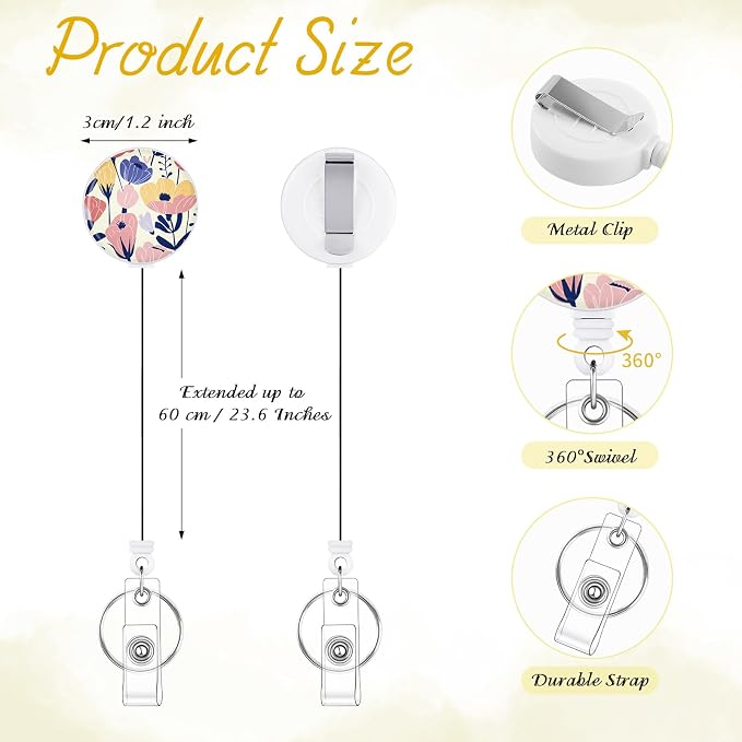 BESARME 3 Pack Badge Reels Retractable Badge Clip with Key Ring Retractable Badge Holders for Office Worker Teacher Nurse Student（Flower）