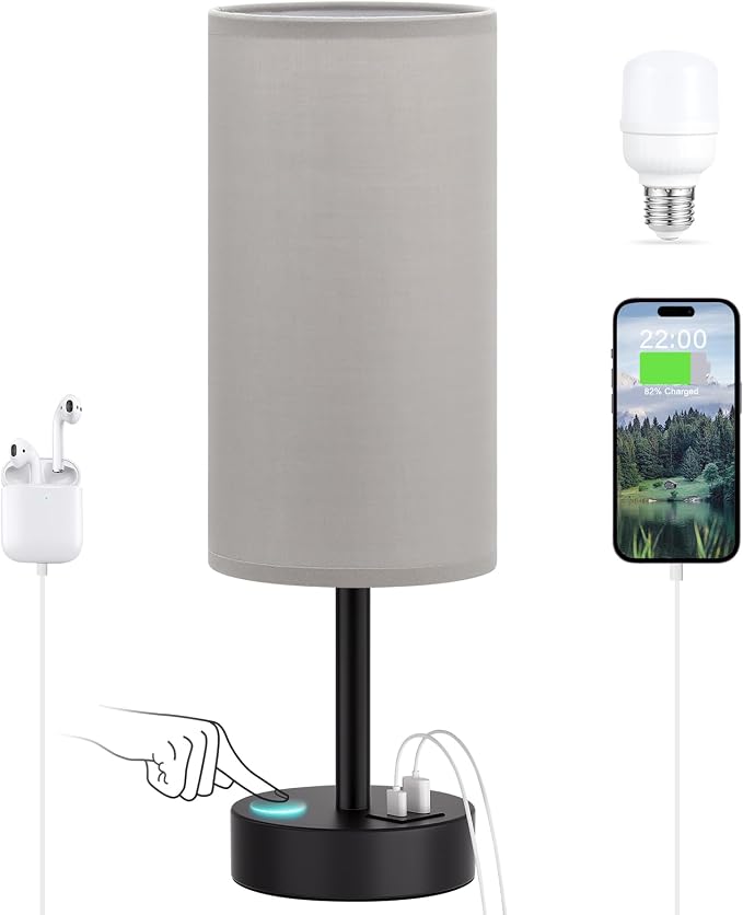 Dicoool Bedside Table Lamp for Bedroom - 3-Way Dimmable Touch Lamp, USB A+C | LED Bulb Included, 14" Small Nightstand Lamp for Desk, Living Room, Guest Room, Grey Fabric Lampshade, Black Metal Base