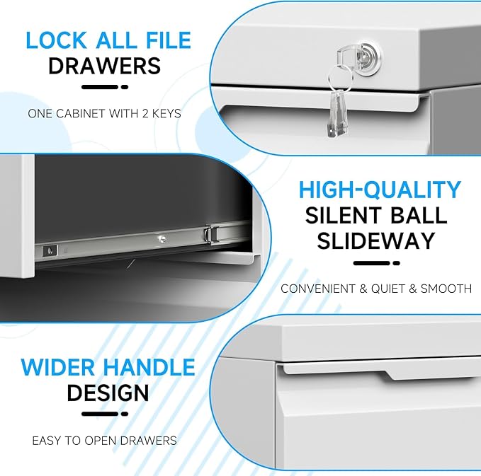 2 Drawer Mobile File Cabinet with Lock, Rolling File Cabinet with Wheels | Metal Small Filing Cabinet with Wheels for Home Office Storage, Fits Legal/A4/Letter/Document Size, Required Assembly, White
