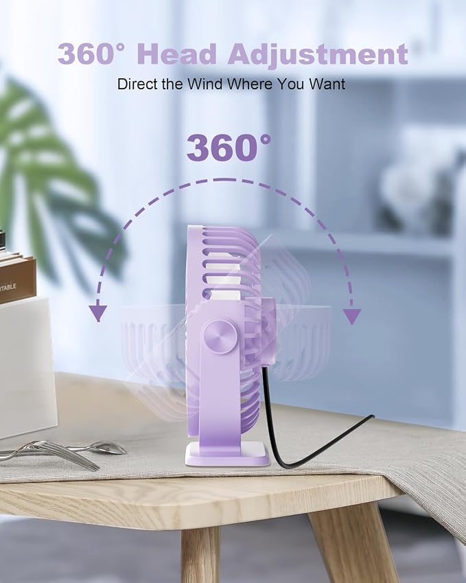 TriPole Desk Fan USB Powered Small Portable Quiet Mini Personal Plug In Fan | Purple, 3 Speeds, 360°Rotation, Desk Fans Small Quiet, 4.9ft Cable, Strong Breeze for Desktop Bedroom Office Table Travel