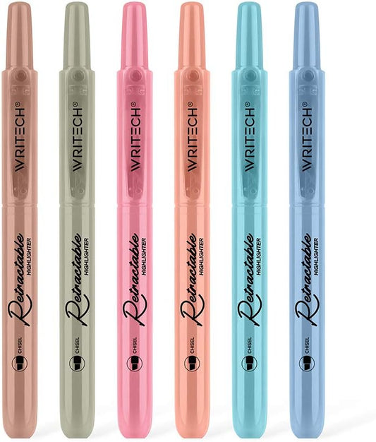 WRITECH Retractable Highlighters Assorted Colors: Chisel Tip Click Aesthetic Highlighter Marker Pens Pack Multi Colored Ink No Bleed Smear for Highlighting Journaling (6ct Vintage)