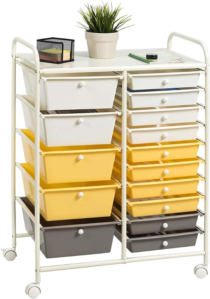 RELAX4LIFE 15 Drawer Rolling Storage Cart, Mobile Drawer Carts for Craft Art Supply Paper Salon, Utility Cart on Wheels for Classroom Teacher School Office, Rolling Cart with Drawers (Yellow)