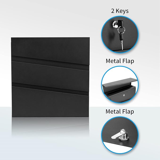 Wall-Mount Mailbox with Lock and Keys, Security Key Drop Box for House Outside, Locking Postbox, Steel Metal Rust-Proof Mail Box, 14.57 x 14.57 x 4.33 Inch, Black, MD002 X-Large