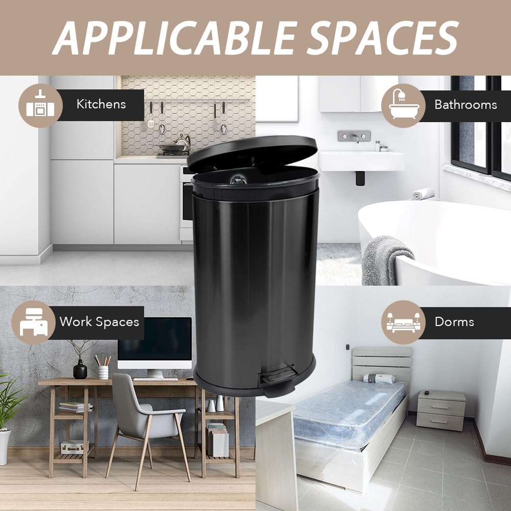 Trash Can with Lid - Assembled in USA 40 Liter/10.5 Gallon Stainless Steel Trash Can with Odor Protection Kitchen Garbage cans with Soft-Close Foot Pedal for Bathroom Home Office, Black